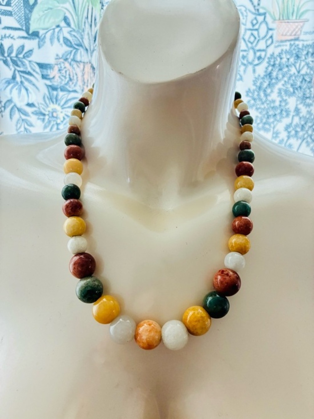 Natural Earth Tone Multicolor Polished Gemstone Graduated Pearl Beaded Necklace